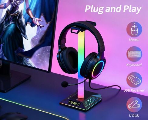 RGB Gaming Headset Stand, LED Headset Holder with 3 Charging Ports (2 USB & 1 Type-C) & 10 Lighting Modes, Headphone Stand Cool Stuff for Boys, Desk PC Gaming Accessories Gifts for Gamers Men Adult in Saudi Arabia