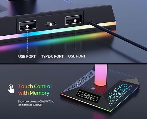 RGB Gaming Headset Stand, LED Headset Holder with 3 Charging Ports (2 USB & 1 Type-C) & 10 Lighting Modes, Headphone Stand Cool Stuff for Boys, Desk PC Gaming Accessories Gifts for Gamers Men Adult in Saudi Arabia