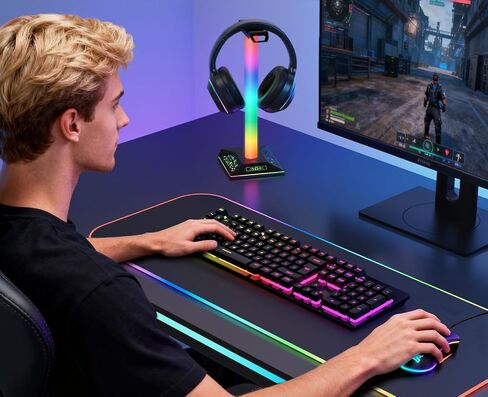 RGB Gaming Headset Stand, LED Headset Holder with 3 Charging Ports (2 USB & 1 Type-C) & 10 Lighting Modes, Headphone Stand Cool Stuff for Boys, Desk PC Gaming Accessories Gifts for Gamers Men Adult in Saudi Arabia