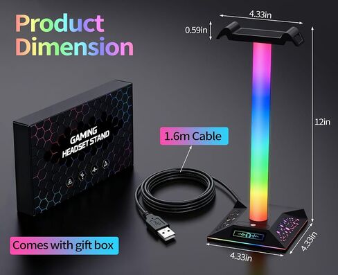 RGB Gaming Headset Stand, LED Headset Holder with 3 Charging Ports (2 USB & 1 Type-C) & 10 Lighting Modes, Headphone Stand Cool Stuff for Boys, Desk PC Gaming Accessories Gifts for Gamers Men Adult in Saudi Arabia