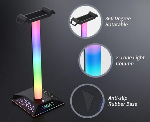 RGB Gaming Headset Stand, LED Headset Holder with 3 Charging Ports (2 USB & 1 Type-C) & 10 Lighting Modes, Headphone Stand Cool Stuff for Boys, Desk PC Gaming Accessories Gifts for Gamers Men Adult in Saudi Arabia