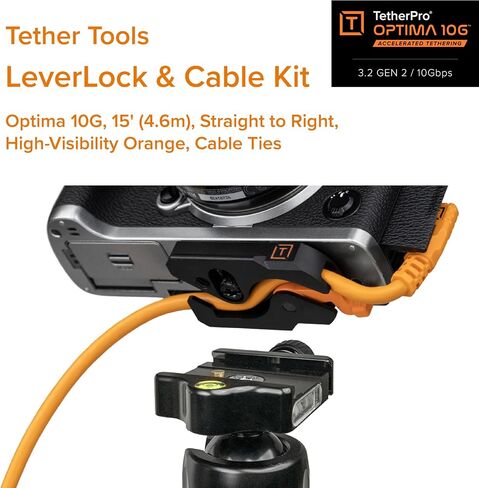 أدوات Tether، حماية منفذ لوحة الكاميرا TetherGuard LeverLock وTetherPro Optima 10G USB-C عالي السرعة 15 قدم (4.6 متر)، زاوية مستقيمة إلى اليمين، كابل ربط أسود غير عاكس in Saudi Arabia