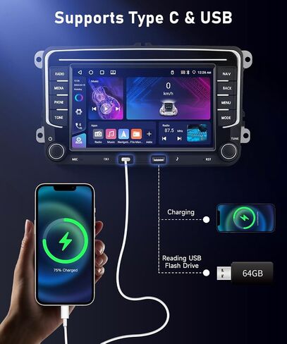 4G+64G Car Radio Stereo for VW Jetta Tiguan Golf Passat MK5 MK6 Seat, 7inch IPS Touch Screen/USB Type-C/Android 15/Wireless CarPlay/Android Auto/DSP/GPS/WiFi/5.0Bluetooth/FM/SWC/AHD Backup Camera in Saudi Arabia