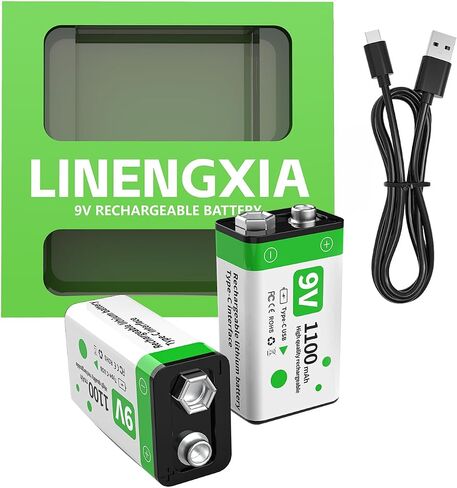 9V 1100mAh Lithium Rechargeable Batteries (2-Pack Green) with Type-C Cable | 1200 Life Cycles | Overcharge/Short-Circuit Protection | Constant Voltage for Smoke Detectors, Microphones in Saudi Arabia