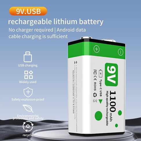 9V 1100mAh Lithium Rechargeable Batteries (2-Pack Green) with Type-C Cable | 1200 Life Cycles | Overcharge/Short-Circuit Protection | Constant Voltage for Smoke Detectors, Microphones in Saudi Arabia