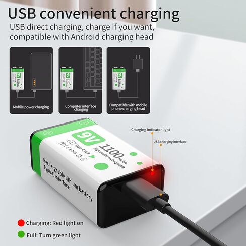 9V 1100mAh Lithium Rechargeable Batteries (2-Pack Green) with Type-C Cable | 1200 Life Cycles | Overcharge/Short-Circuit Protection | Constant Voltage for Smoke Detectors, Microphones in Saudi Arabia