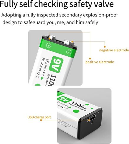 9V 1100mAh Lithium Rechargeable Batteries (2-Pack Green) with Type-C Cable | 1200 Life Cycles | Overcharge/Short-Circuit Protection | Constant Voltage for Smoke Detectors, Microphones in Saudi Arabia