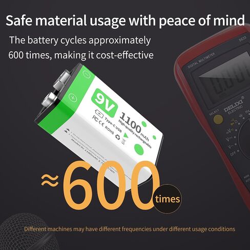 9V 1100mAh Lithium Rechargeable Batteries (2-Pack Green) with Type-C Cable | 1200 Life Cycles | Overcharge/Short-Circuit Protection | Constant Voltage for Smoke Detectors, Microphones in Saudi Arabia