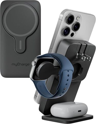 شاحن لاسلكي مغناطيسي myCharge EcoHub 3 في 1 وحزمة بطارية لأجهزة iPhone وiWatch وAirPods | بطارية 6,000 مللي أمبير | قابس حائط مدمج | مخرج لاسلكي ماجسيف بقدرة 15 وات | قابلة للطي | أسود in Kuwait