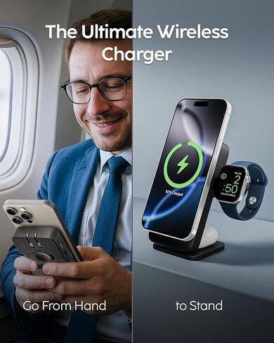 شاحن لاسلكي مغناطيسي myCharge EcoHub 3 في 1 وحزمة بطارية لأجهزة iPhone وiWatch وAirPods | بطارية 6,000 مللي أمبير | قابس حائط مدمج | مخرج لاسلكي ماجسيف بقدرة 15 وات | قابلة للطي | أسود in Kuwait