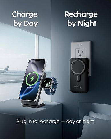 شاحن لاسلكي مغناطيسي myCharge EcoHub 3 في 1 وحزمة بطارية لأجهزة iPhone وiWatch وAirPods | بطارية 6,000 مللي أمبير | قابس حائط مدمج | مخرج لاسلكي ماجسيف بقدرة 15 وات | قابلة للطي | أسود in Kuwait