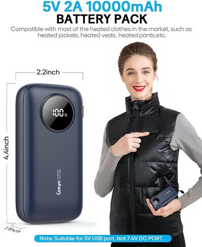 5V/3A Heated Vest Battery Pack with Built in Cables 10000mAh Portable Charger Power Bank Travel Essentials USB C in&Out High-Speed Charging Battery Charger for iPhone16/15/14, Sunsang,Android,etc in Saudi Arabia
