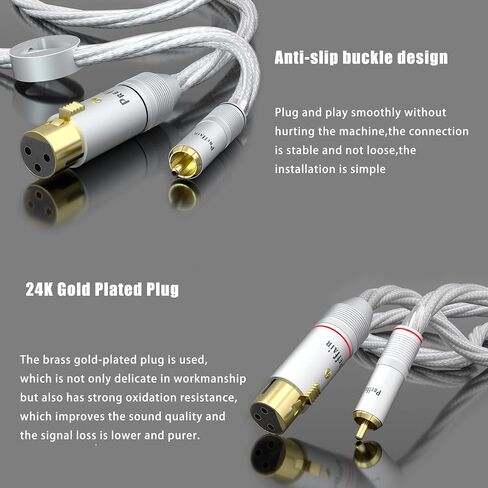 Preffair 1 زوج/2 قطعة OCC مطلية بالفضة XLR أنثى إلى RCA ذكر كابلات مع قابس مطلي بالذهب HiFi سلك توصيل ستيريو للديكور، الخلاط، القرص الدوار، AMP، DAC (X463-XR1821F-R1789، 1M/3.3FT) in Kuwait