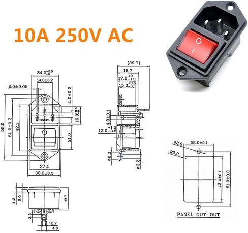 Oiyagai 4pcs IEC320 C14 مدخل مقبس الطاقة مع مفتاح الروك، AC 250V 10A ذكر موصل لوحة جبل لمكبر الصوت، وإمدادات الطاقة، والإلكترونيات DIY (الأحمر) in Saudi Arabia