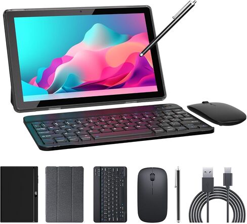 Tablet 2 in 1 Tablets 10 inch Android 15 Tablet Set with Keyboard Case Mouse Stylus Pen, 8GB+32GB Tablets 10.1" HD Touch Screen Tab, 2MP+8MP Dual Camera 6000mAh battery WiFi6 Bluetooth Tableta PC Pink in Kuwait