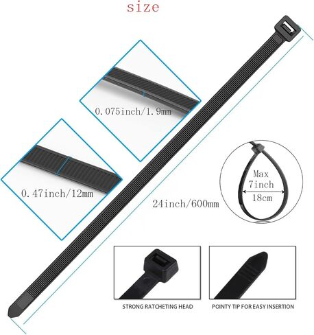 24 Inch Extra Large Zip Ties Heavy Duty For Outdoor Use,250 Pounds Tensile Strength,UV Resistant,14 Pieces,Black in Kuwait