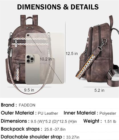 FADEON Small Backpack Purse for Women Designer PU Leather Roomly Mini Backpacks Multi Pocket Fashion Shoulder Backpack in Saudi Arabia