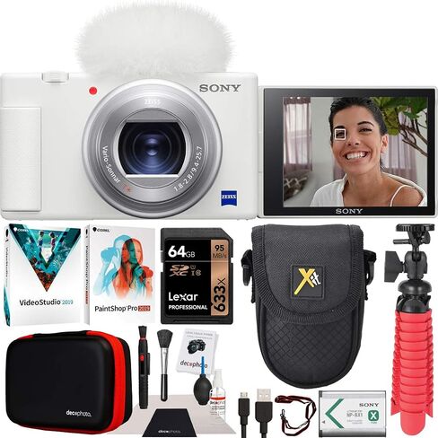Sony ZV-1 Compact Digital 4K Camera Vlogger Creator's Kit ACCVC1 Includes GP-VPT2BT Shooting Grip with Wireless Remote Commander + 64GB Card DCZV1/W Bundle Deco Gear Case + LED Light and Accessories in Saudi Arabia