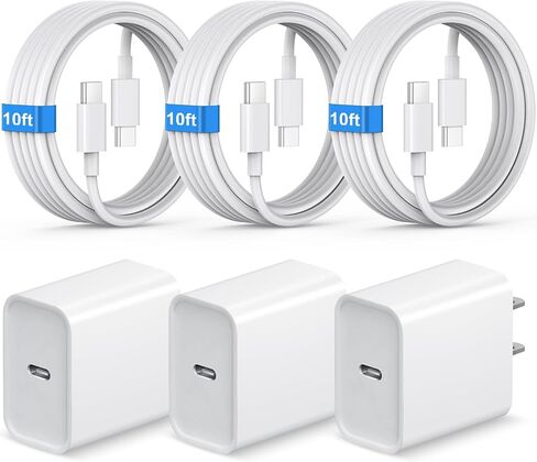 شاحن iPhone 17 16 الجديد شحن سريع كابل بطول 10 أقدام من النوع C إلى C مع 3 عبوات شاحن حائط USB C متوافق مع iPhone 17/17 Pro/17 Pro max/Air، iPhone 16 15 Pro Max/Plus، iPad Pro، Samsung in Kuwait