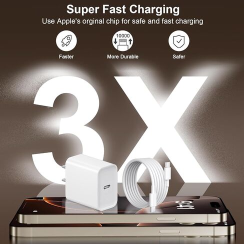 شاحن iPhone 17 16 الجديد شحن سريع كابل بطول 10 أقدام من النوع C إلى C مع 3 عبوات شاحن حائط USB C متوافق مع iPhone 17/17 Pro/17 Pro max/Air، iPhone 16 15 Pro Max/Plus، iPad Pro، Samsung in Kuwait
