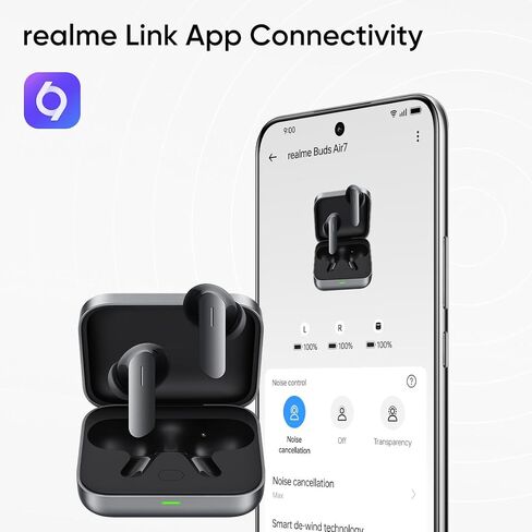 Realme Buds Air 7، مشغلات جهير ديناميكي 12.4 مم، وقت تشغيل 52 ساعة، 52 ديسيبل Hybrid ANC، 6 ميكروفون ENC، زمن استجابة منخفض 45 مللي ثانية، صوت مكاني 360 درجة، LHDC عالي الدقة، IP55 مقاوم للغبار والماء، BT v5.4 - (رمادي) in Kuwait