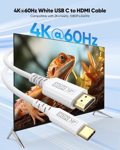 USB C to HDMI Cable White [4K@60Hz, 6.6FT], USBC Type C to HDMI 2.0 Braided Cord HDR for TV, Monitor, Projector Compatible with Thunderbolt 3/4/5, MacBook, iPhone 17/16, iPad, Galaxy in Saudi Arabia