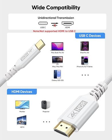 USB C to HDMI Cable White [4K@60Hz, 6.6FT], USBC Type C to HDMI 2.0 Braided Cord HDR for TV, Monitor, Projector Compatible with Thunderbolt 3/4/5, MacBook, iPhone 17/16, iPad, Galaxy in Saudi Arabia