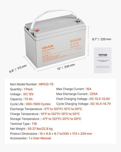 VEVOR 12V 75Ah بطارية دورة عميقة، تكنولوجيا AGM مختومة، بطارية AGM حمض الرصاص القابلة لإعادة الشحن، استبدال احتياطي للدراجات البخارية، كرسي متحرك كهربائي للتنقل، نظام شمسي لتخزين الطاقة المنزلية خارج الشبكة in Saudi Arabia