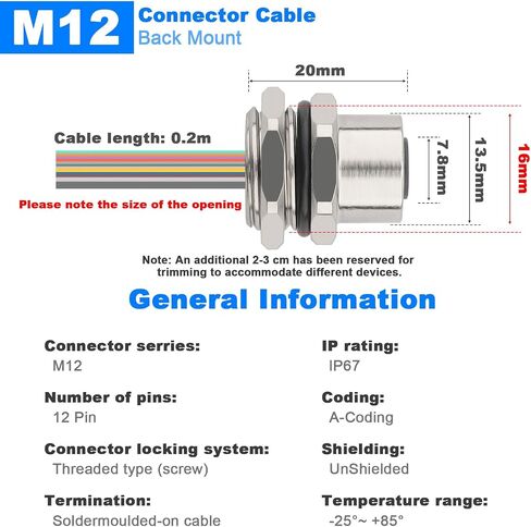 كابل مستشعر الطيران موصل M12 مع قاعدة مشذبة 0.2 متر - أنثى 12 دبوس رمز مستقيم مقاوم للماء للتركيب الخلفي، مقبس طيران 16 مم كابل كهربائي غير محمي مجموعتين in Kuwait