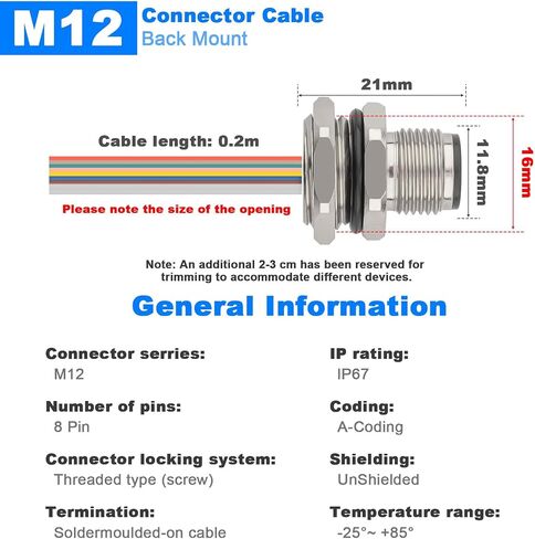 كابل مستشعر الطيران موصل M12 مع قاعدة مشذبة 0.2 متر - أنثى 12 دبوس رمز مستقيم مقاوم للماء للتركيب الخلفي، مقبس طيران 16 مم كابل كهربائي غير محمي مجموعتين in Kuwait