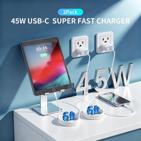 USB C Charger for iPhone 17 Pro Max,2Pack 45W USB-C Super Fast Charging Wall Charger Block Power Adapter with 6FT Type C USBC to C Cable for iPhone 17/17 Pro/17 Pro Max/Air/16 Plus/16/15,Galaxy in Kuwait