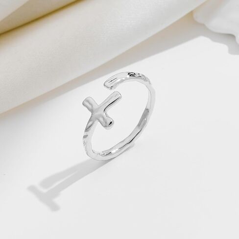 Cross Ring for Women Gold Plated Hammered Texture Open Ring Size Adjustable Dainty Faith Christian Jewelry Gifts in Saudi Arabia