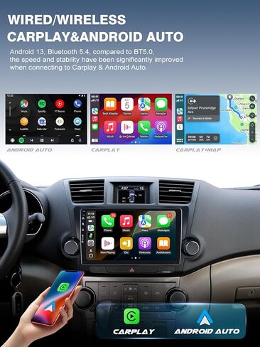 ستيريو راديو السيارة لسيارة Toyota Highlander 2008-2013، Android 13/شاشة لمس IPS/Carplay لاسلكي/Android Auto/Bluetooth/GPS Navigation/WiFi/5G/HD كاميرا احتياطية/SWC/FM (2+64) in Kuwait