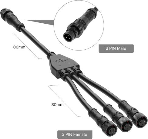 BTF-LIGHTING 3 Core 3 pin Small Size IP68 Y Shape 1 Male-Divided-3 Female Spillter Connctor Black Plastics 18AWG 15mm Metal Metal Nut Support All BTF-LIGHTING 3 pin Small Size IP68 Connector in Saudi Arabia