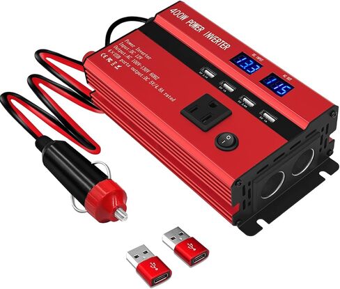 محولات طاقة 400 واط للمركبات، محولات طاقة السيارة، تيار مستمر 12 فولت إلى 110 فولت تيار متردد، منفذ محول قابس السيارة مع 2 نوع C (مزود بمنفذين USB)، شاحن سريع للهاتف والكمبيوتر المحمول (أحمر، 1200 واط) in Kuwait