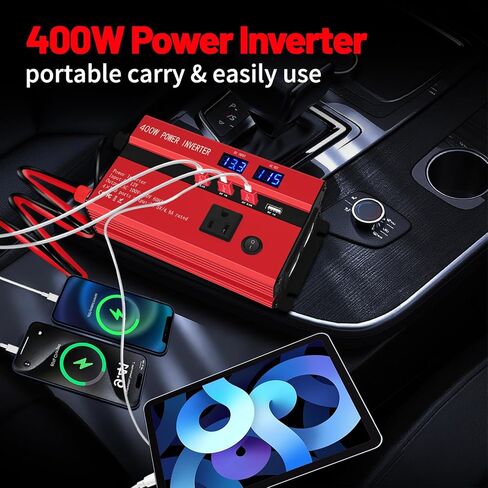 محولات طاقة 400 واط للمركبات، محولات طاقة السيارة، تيار مستمر 12 فولت إلى 110 فولت تيار متردد، منفذ محول قابس السيارة مع 2 نوع C (مزود بمنفذين USB)، شاحن سريع للهاتف والكمبيوتر المحمول (أحمر، 1200 واط) in Kuwait