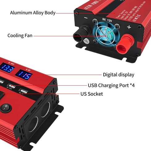 محولات طاقة 400 واط للمركبات، محولات طاقة السيارة، تيار مستمر 12 فولت إلى 110 فولت تيار متردد، منفذ محول قابس السيارة مع 2 نوع C (مزود بمنفذين USB)، شاحن سريع للهاتف والكمبيوتر المحمول (أحمر، 1200 واط) in Kuwait