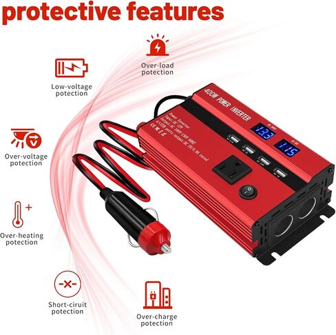 محولات طاقة 400 واط للمركبات، محولات طاقة السيارة، تيار مستمر 12 فولت إلى 110 فولت تيار متردد، منفذ محول قابس السيارة مع 2 نوع C (مزود بمنفذين USB)، شاحن سريع للهاتف والكمبيوتر المحمول (أحمر، 1200 واط) in Kuwait