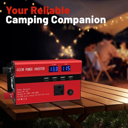 محولات طاقة 400 واط للمركبات، محولات طاقة السيارة، تيار مستمر 12 فولت إلى 110 فولت تيار متردد، منفذ محول قابس السيارة مع 2 نوع C (مزود بمنفذين USB)، شاحن سريع للهاتف والكمبيوتر المحمول (أحمر، 1200 واط) in Kuwait