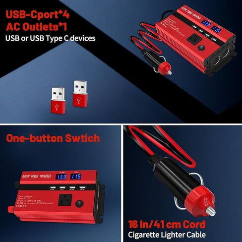 محولات طاقة 400 واط للمركبات، محولات طاقة السيارة، تيار مستمر 12 فولت إلى 110 فولت تيار متردد، منفذ محول قابس السيارة مع 2 نوع C (مزود بمنفذين USB)، شاحن سريع للهاتف والكمبيوتر المحمول (أحمر، 1200 واط) in Kuwait