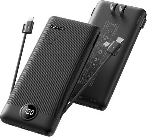 Portable Charger with Wall Plug, Slim USB C Power Bank with Built-in Cables, 10000mah LED Display External Battery Pack Compatible with iPhone/Android & More (Black) in Kuwait