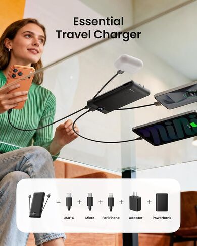 Portable Charger with Wall Plug, Slim USB C Power Bank with Built-in Cables, 10000mah LED Display External Battery Pack Compatible with iPhone/Android & More (Black) in Kuwait