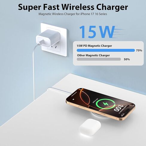 Magnetic Wireless Charger [Apple MFi Certified], 3.3FT 15W Fast Apple Mag-Safe Charger Pad with USB C Fast Charging Block Compatible with iPhone 17/Air/Pro/Pro Max/16/15/14/13/Plus/Pro/Pro Max,AirPods in Saudi Arabia