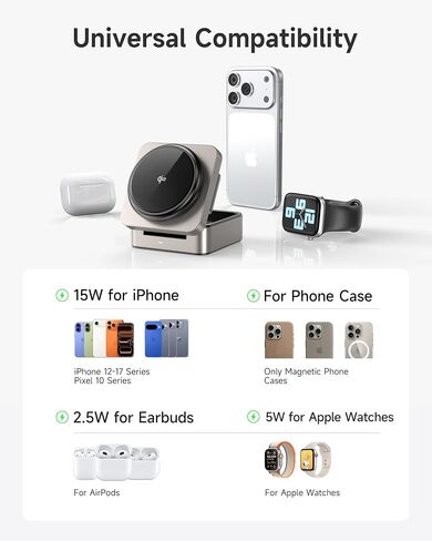3-in-1 Wireless Charging Station for Apple, Qi2 Certified 15W Foldable Mag-Safe Travel Charger Stand Wireless Charger Dock for iPhone 17/16/15/14/13/12, Apple Watch & AirPods (30W Adapter Included) in Saudi Arabia
