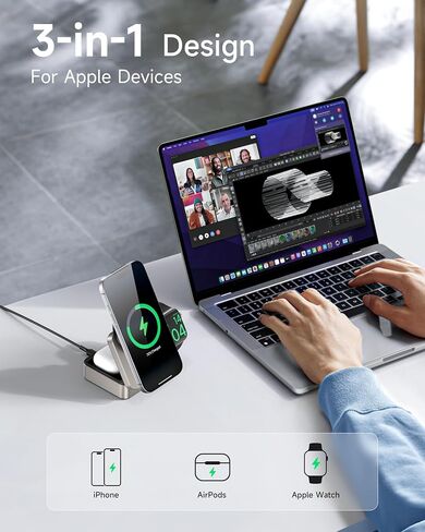 3-in-1 Wireless Charging Station for Apple, Qi2 Certified 15W Foldable Mag-Safe Travel Charger Stand Wireless Charger Dock for iPhone 17/16/15/14/13/12, Apple Watch & AirPods (30W Adapter Included) in Saudi Arabia