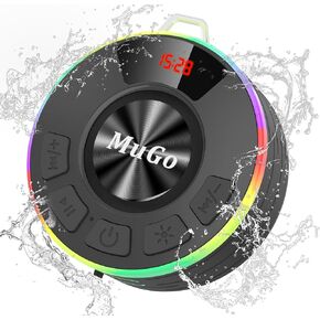 مكبر صوت بلوتوث MuGo، صوت ستيريو عالي الدقة 360 درجة، IPX7 مكبر صوت لاسلكي مقاوم للماء بلوتوث 5.3 مع أضواء RGB، كوب شفط وميكروفون، راديو دش صغير للمنزل/الحفلة/الخارج/الهدايا in Kuwait