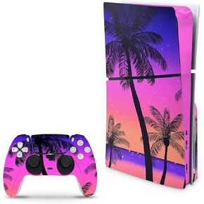 Compatible with PS5 Slim Skin for Console and Controllers by ZOOMHITSKINS, 3M Vinyl Decal Cover Sticker, Vibe Tropical Beach Palm Blue Ocean Cute Summer Sunset, Durable, Bubble-Free, Precisely Cut in Saudi Arabia