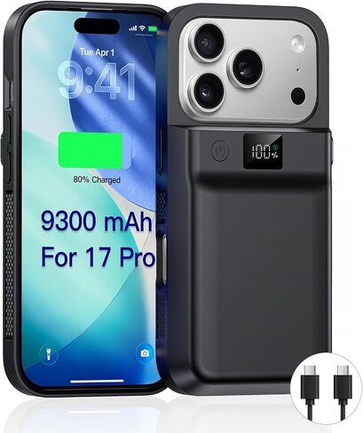 PANDUK Battery Case for iPhone 17 Pro Max, 9300mAh USB-C | Portable Power Bank | 20W PD | Fast Charging | Wireless Charge | Sync Data Supported | Rechargeable Charger Case | 6.9" | Black in Saudi Arabia