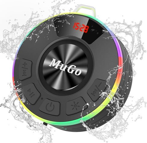 مكبر صوت بلوتوث MuGo، صوت ستيريو عالي الدقة 360 درجة، IPX7 مكبر صوت لاسلكي مقاوم للماء بلوتوث 5.3 مع أضواء RGB، كوب شفط وميكروفون، راديو دش صغير للمنزل/الحفلة/الخارج/الهدايا in Kuwait