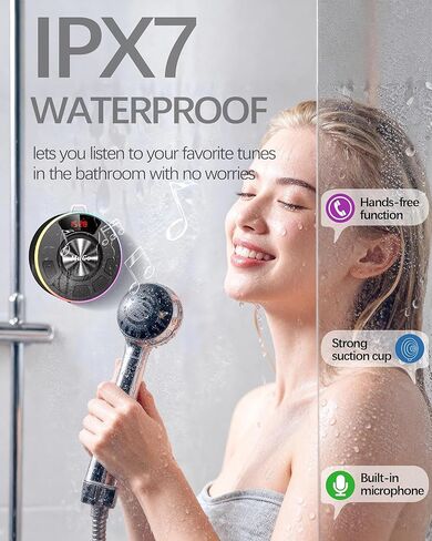 مكبر صوت بلوتوث MuGo، صوت ستيريو عالي الدقة 360 درجة، IPX7 مكبر صوت لاسلكي مقاوم للماء بلوتوث 5.3 مع أضواء RGB، كوب شفط وميكروفون، راديو دش صغير للمنزل/الحفلة/الخارج/الهدايا in Kuwait